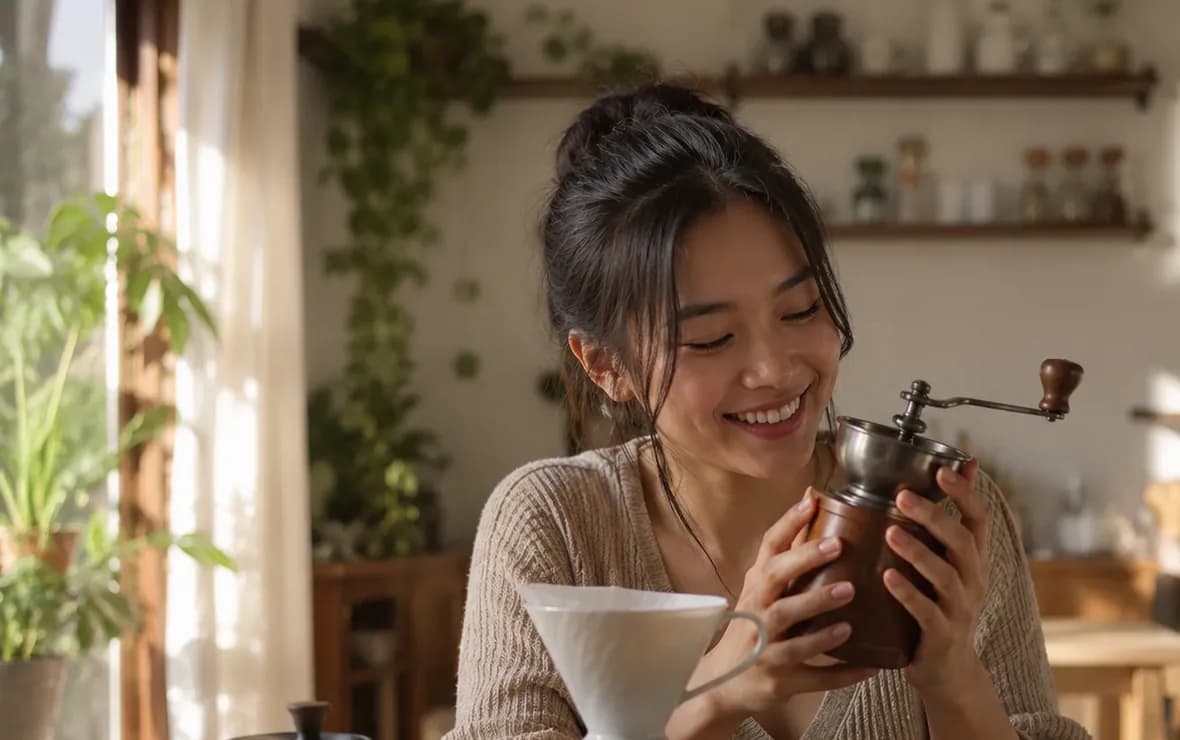 Menikmati aroma kopi yang baru digiling di dapur pagi hari