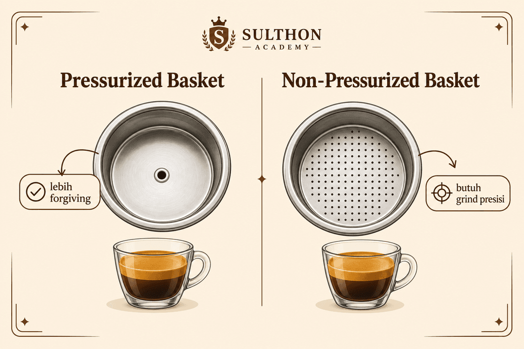 Perbandingan visual pressurized basket dan non-pressurized basket pada portafilter espresso.