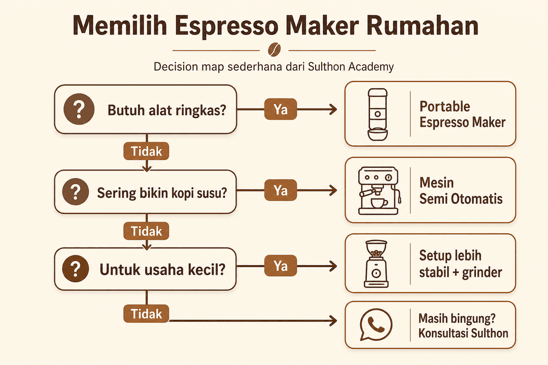 Decision map sederhana untuk memilih espresso maker sesuai kebutuhan rumah atau usaha kecil.
