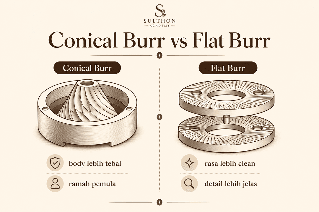 Ilustrasi perbedaan conical burr dan flat burr pada grinder kopi.