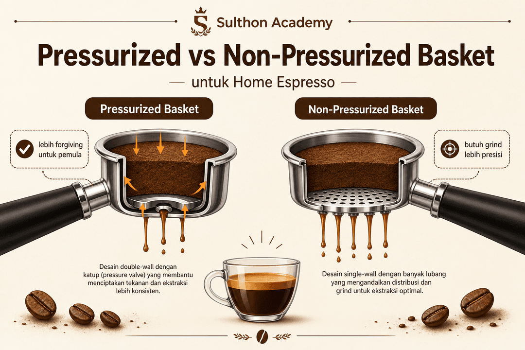 Perbandingan pressurized basket dan non-pressurized basket untuk espresso rumahan.