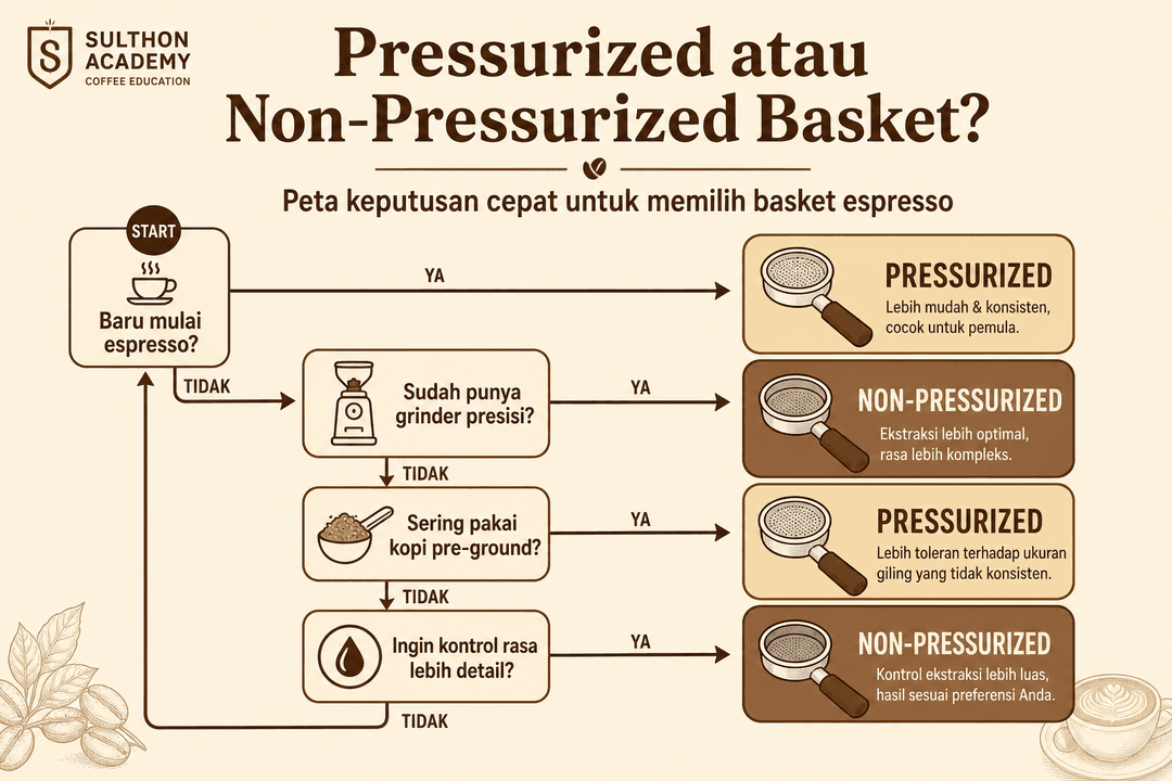 Decision map sederhana untuk memilih pressurized atau non-pressurized basket sesuai kebutuhan.