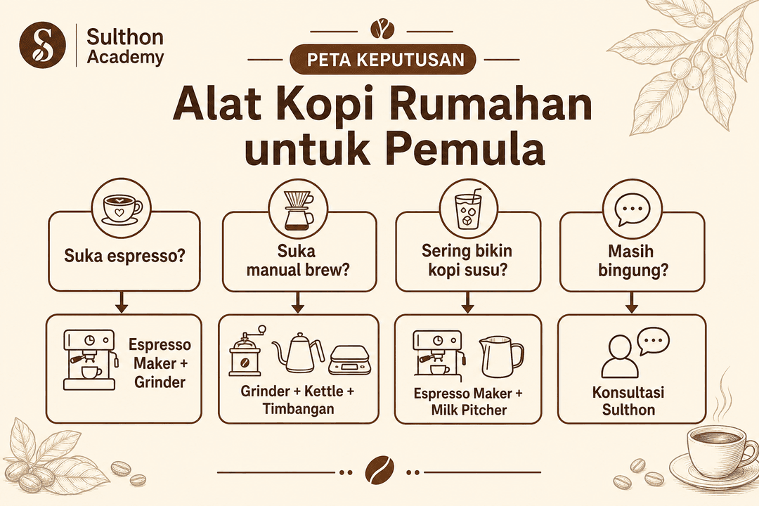 Decision map sederhana untuk memilih alat kopi rumahan sesuai minuman favorit dan kebutuhan pemula.