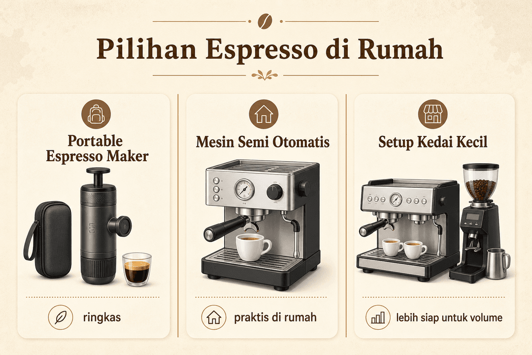 Pilihan alat espresso rumahan: portable espresso maker, mesin semi otomatis, dan setup untuk kedai kecil.