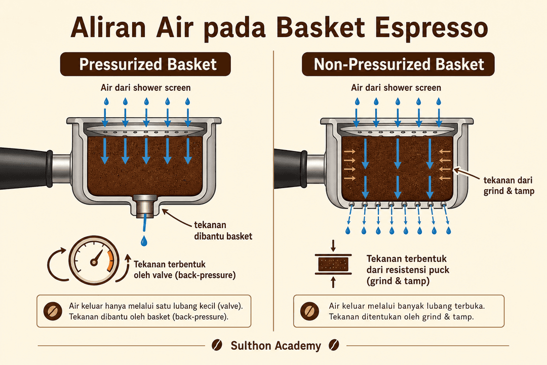 Cara kerja tekanan pada pressurized basket dan non-pressurized basket saat ekstraksi espresso.