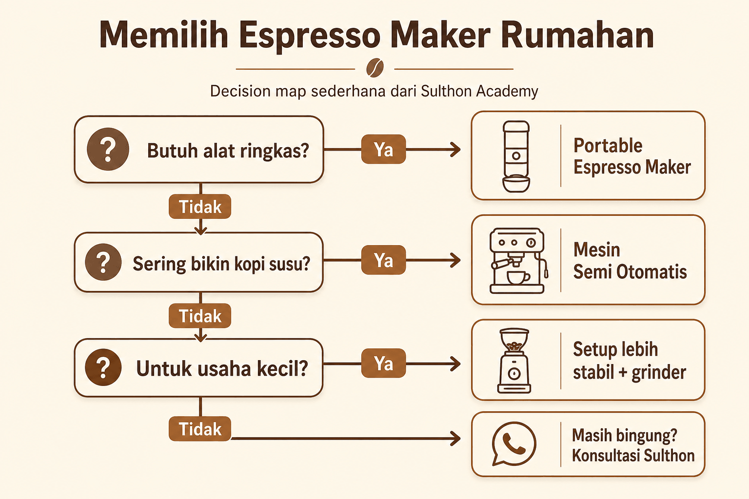 Decision map sederhana untuk memilih espresso maker sesuai kebutuhan rumah atau usaha kecil.