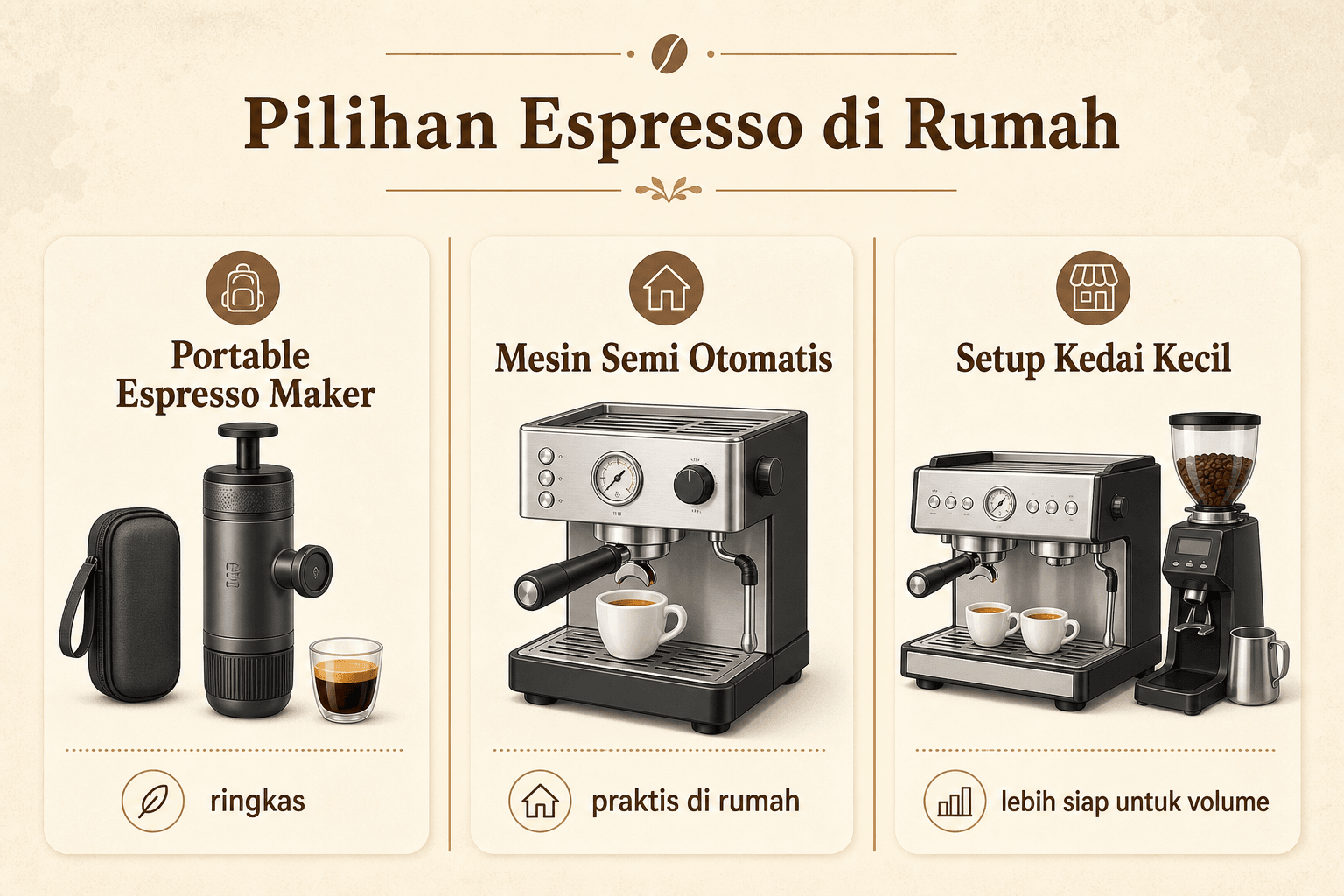 Pilihan alat espresso rumahan: portable espresso maker, mesin semi otomatis, dan setup untuk kedai kecil.