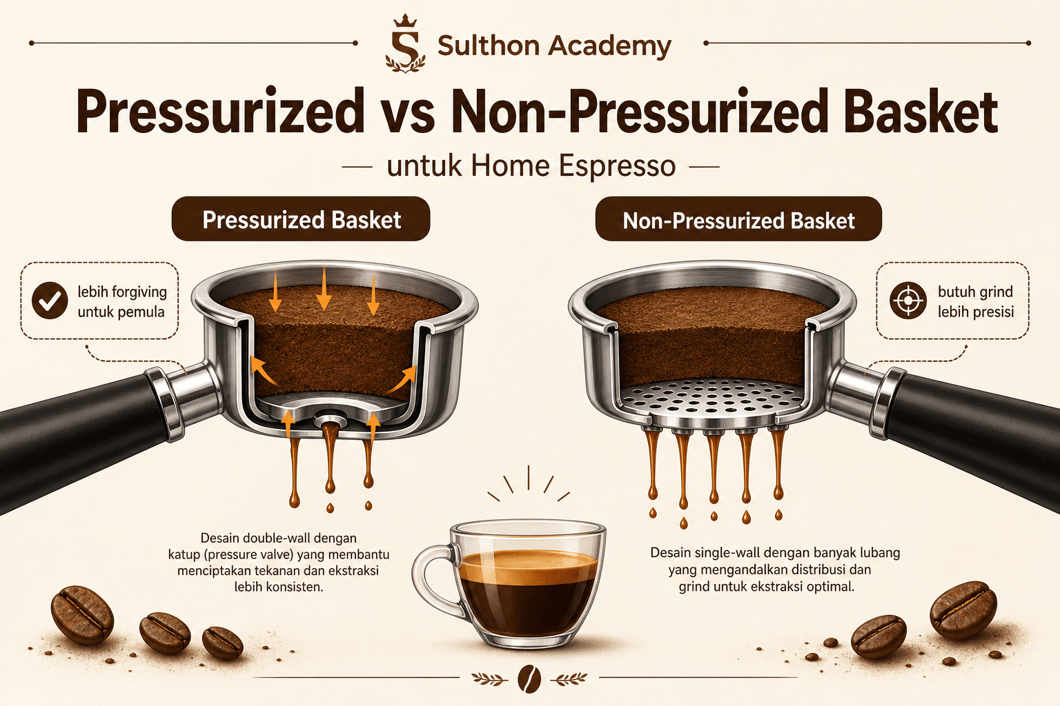 Perbandingan pressurized basket dan non-pressurized basket untuk espresso rumahan.