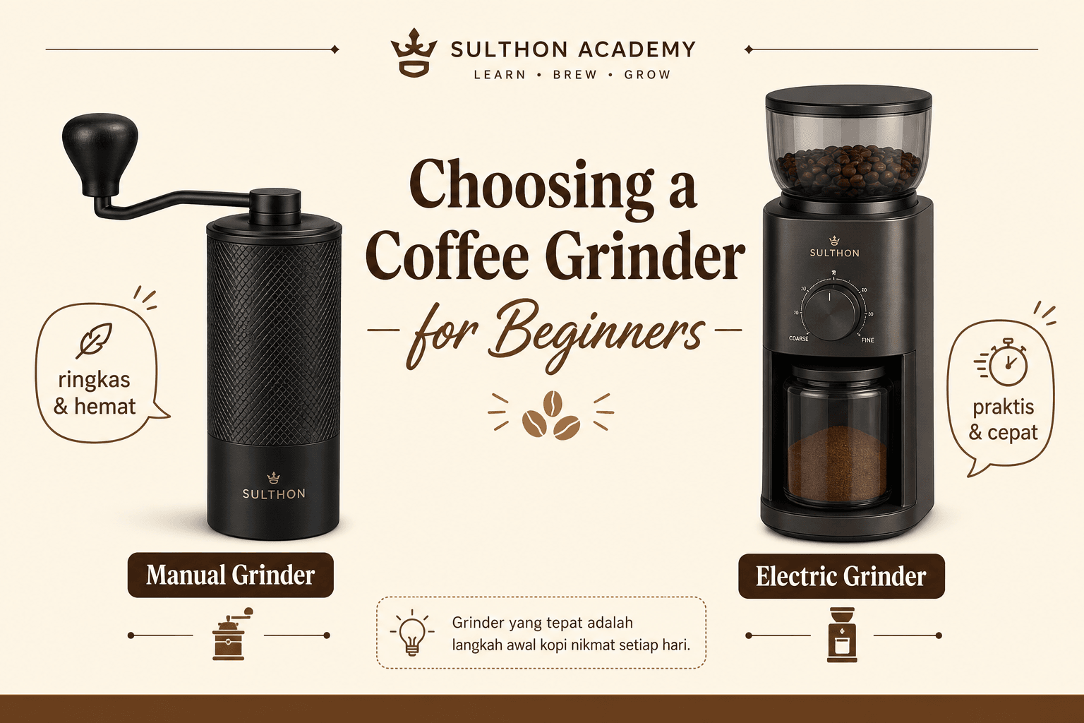 Perbandingan manual grinder dan electric grinder untuk pemula yang baru mulai membuat kopi di rumah.