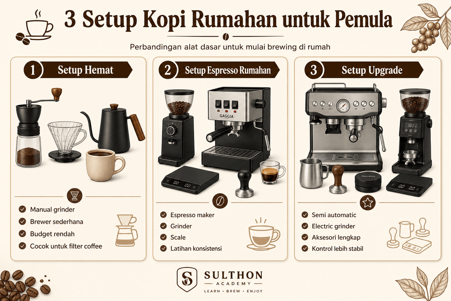 Contoh tiga setup kopi rumahan: setup hemat, setup espresso rumahan, dan setup upgrade.
