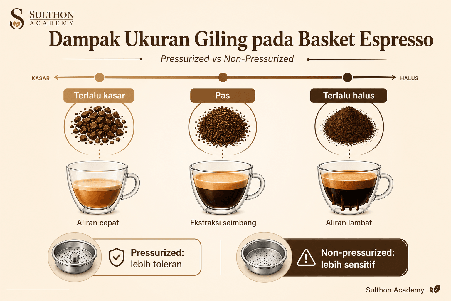 Pengaruh grind size terhadap hasil espresso, terutama saat memakai non-pressurized basket.
