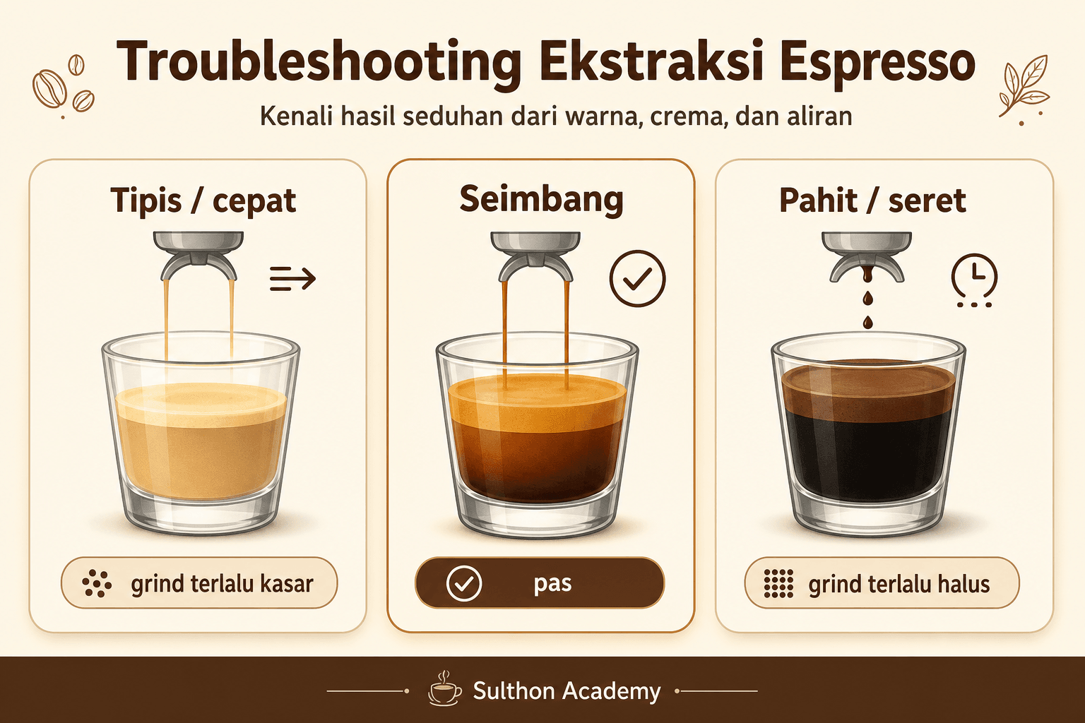 Troubleshooting sederhana hasil espresso berdasarkan aliran dan rasa di cangkir.