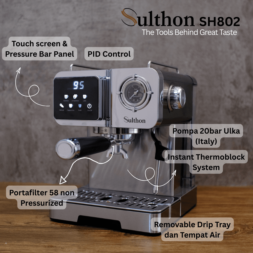 Sulthon SH802 Home Espresso Machine Vintage Semi Auto | 20 Bar Ulka Italy | PID Control | Instant Boiler | Portafilter 58mm