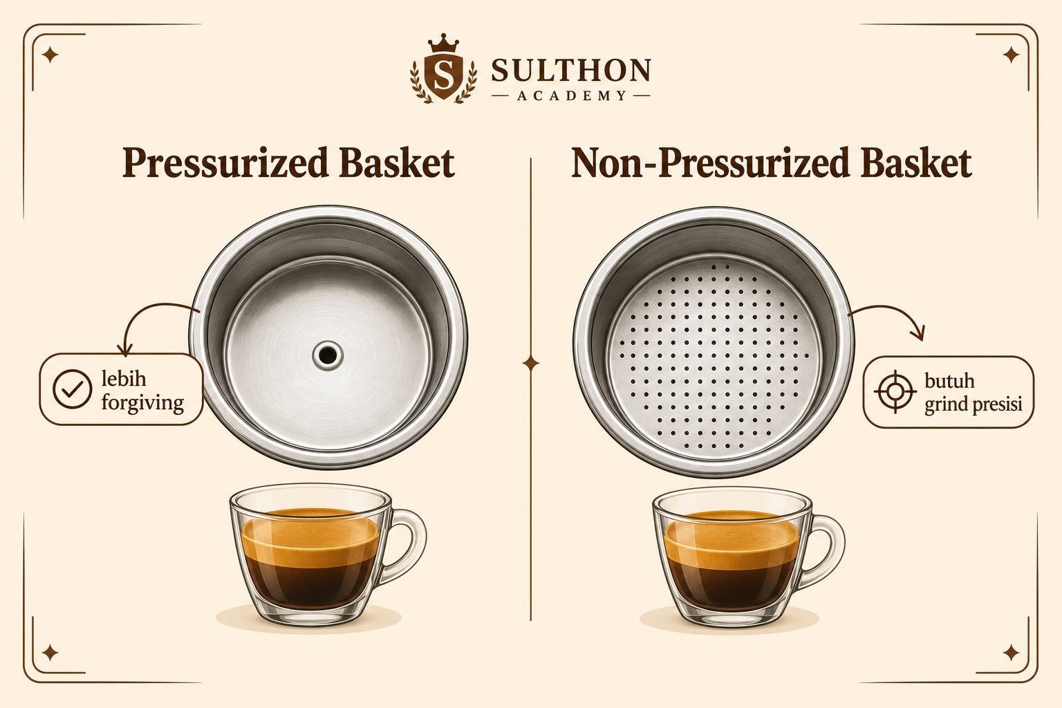 Perbandingan visual pressurized basket dan non-pressurized basket pada portafilter espresso.
