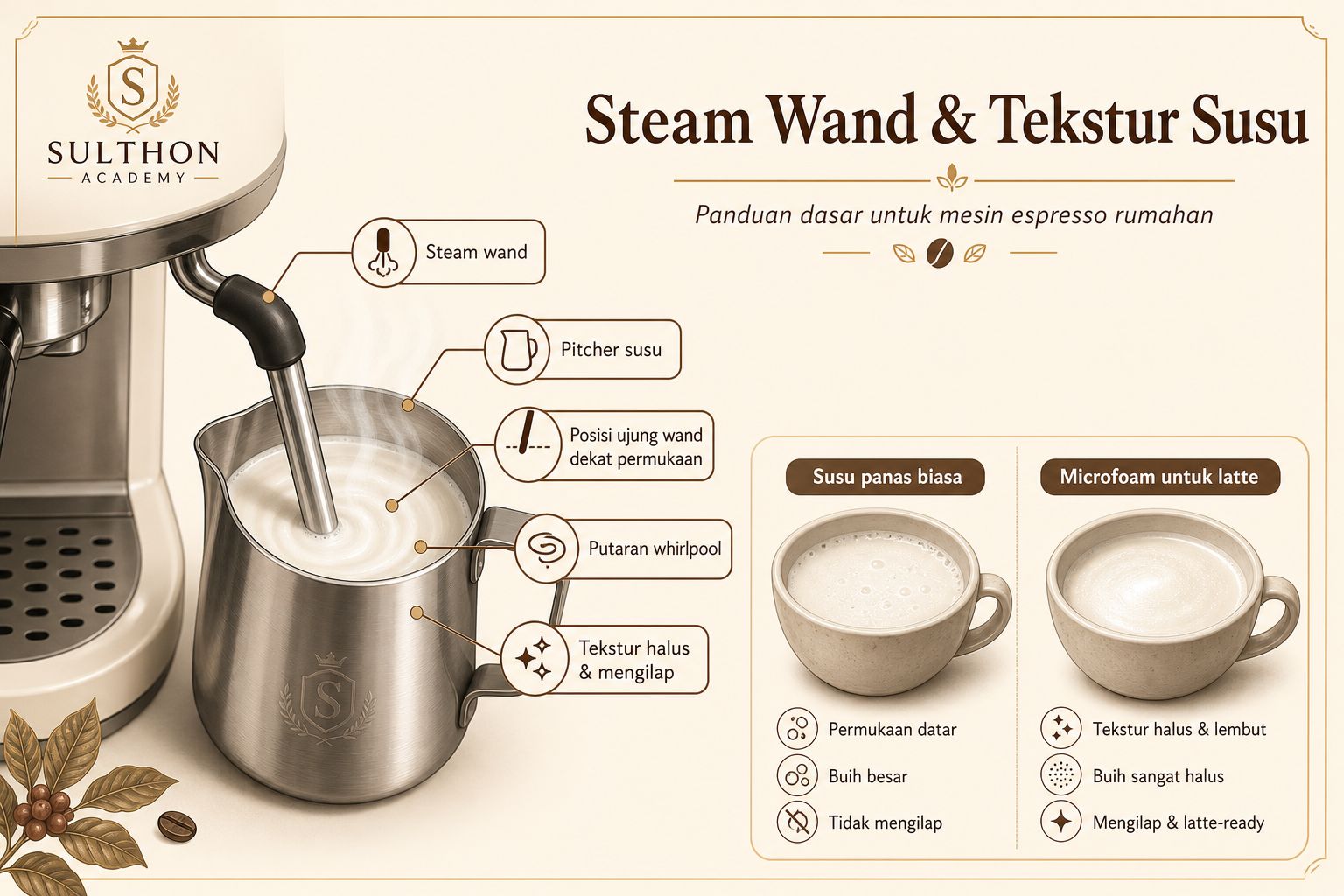 Ilustrasi steam wand dan tekstur microfoam untuk latte atau cappuccino.