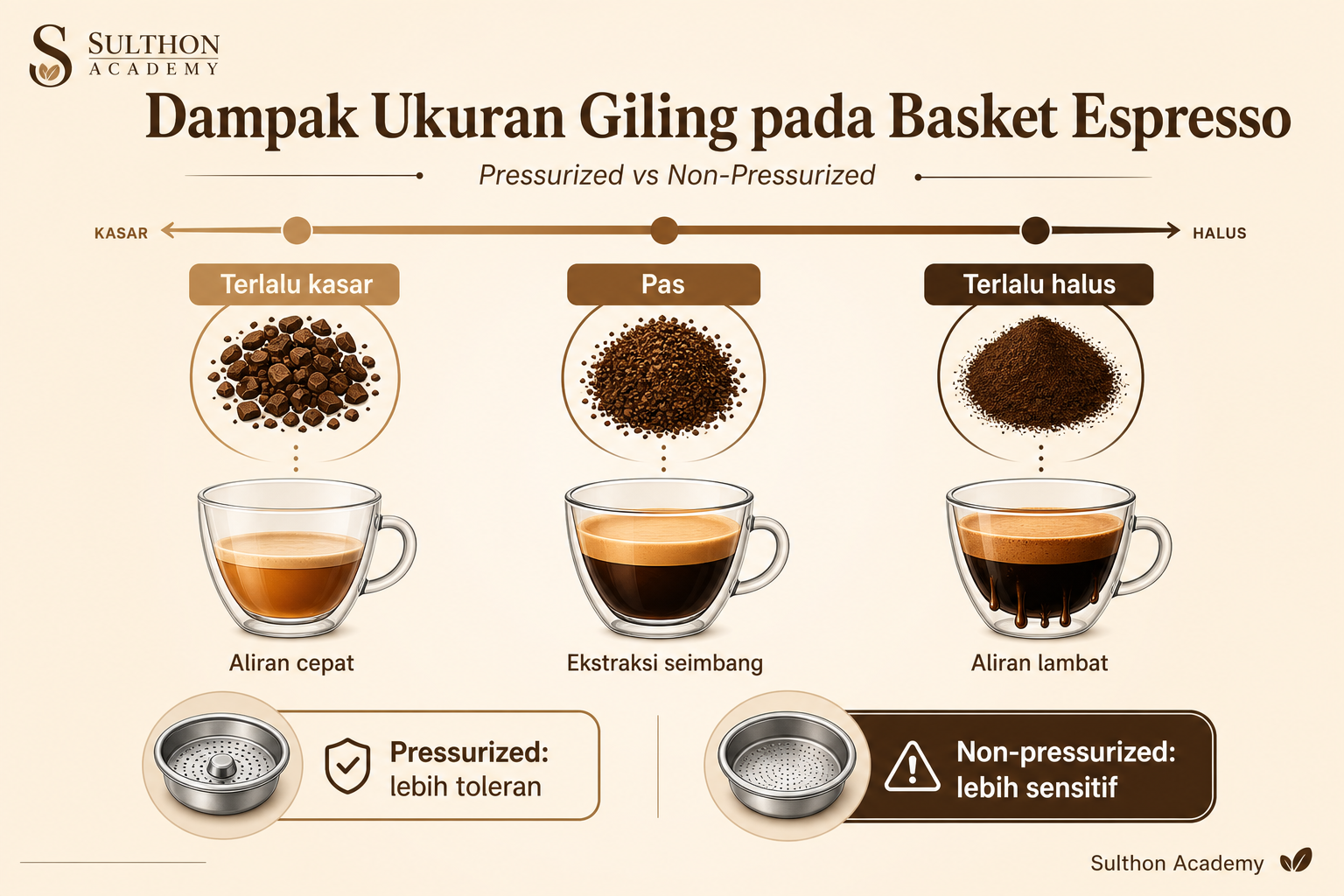 Pengaruh grind size terhadap hasil espresso, terutama saat memakai non-pressurized basket.