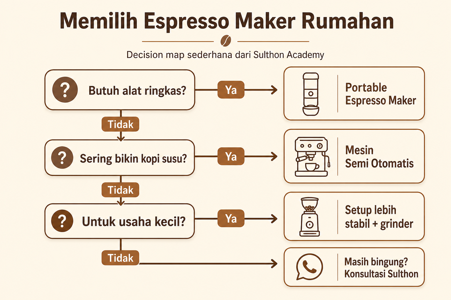 Decision map sederhana untuk memilih espresso maker sesuai kebutuhan rumah atau usaha kecil.