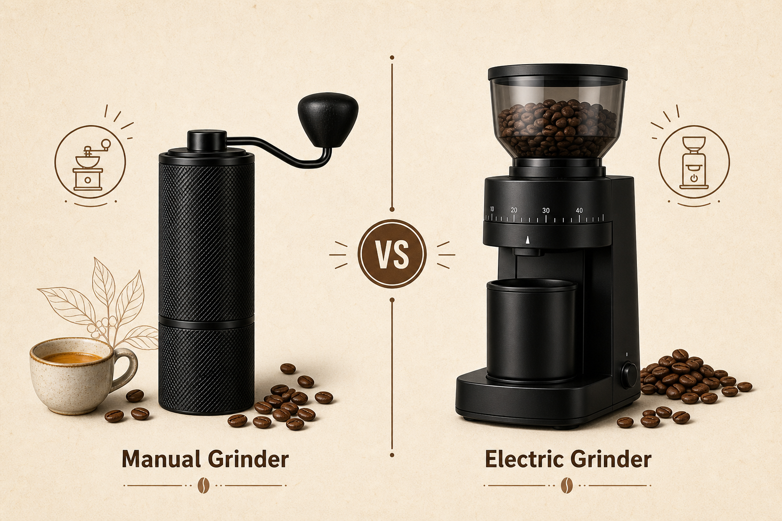 Perbandingan manual grinder hitam Sulthon dan electric grinder untuk kebutuhan espresso rumahan.