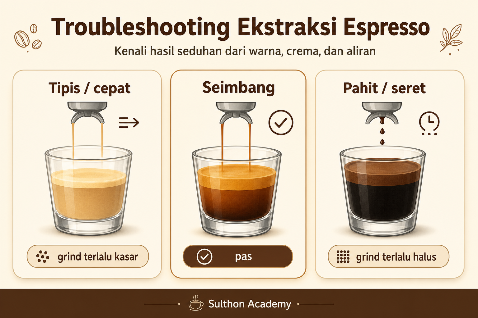 Troubleshooting sederhana hasil espresso berdasarkan aliran dan rasa di cangkir.