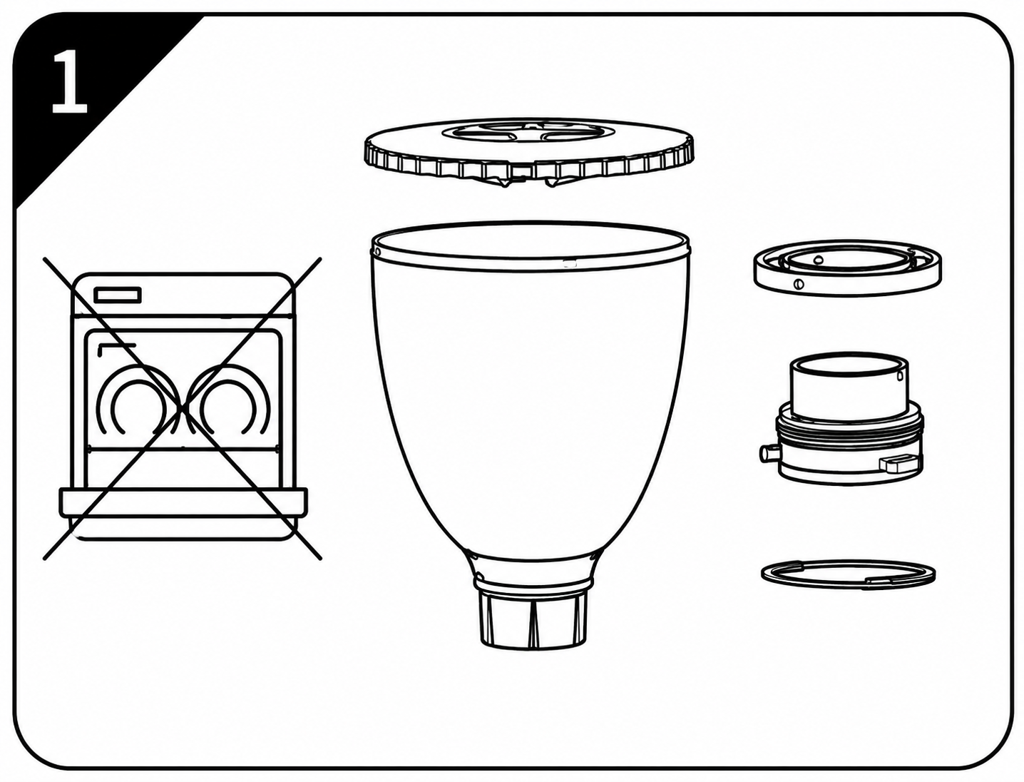 Jangan masukkan ke mesin pencuci piring (dishwasher).   Bean hopper, tutup hopper, chamber, tutup chamber, dan sikat bisa dicuci menggunakan air hangat dan sabun, lalu bilas dengan air bersih dan keringkan dengan baik.