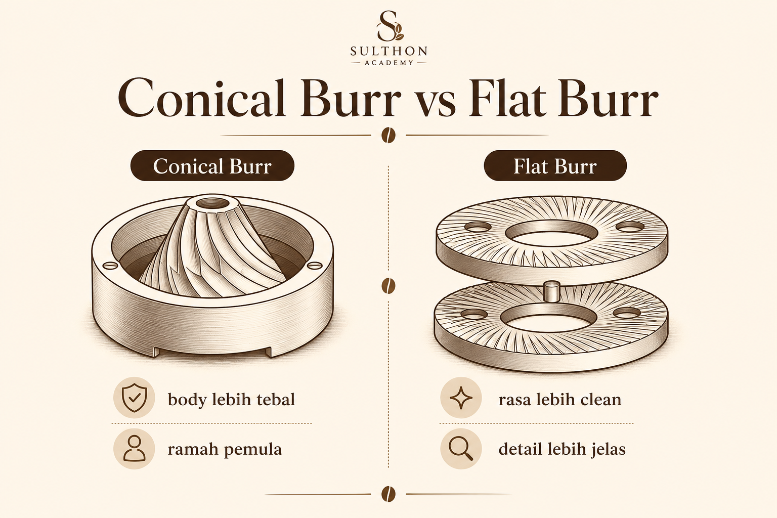 Ilustrasi perbedaan conical burr dan flat burr pada grinder kopi.