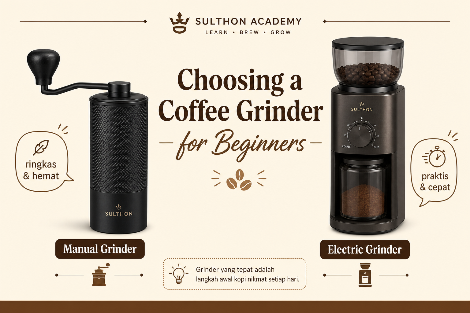 Perbandingan manual grinder dan electric grinder untuk pemula yang baru mulai membuat kopi di rumah.