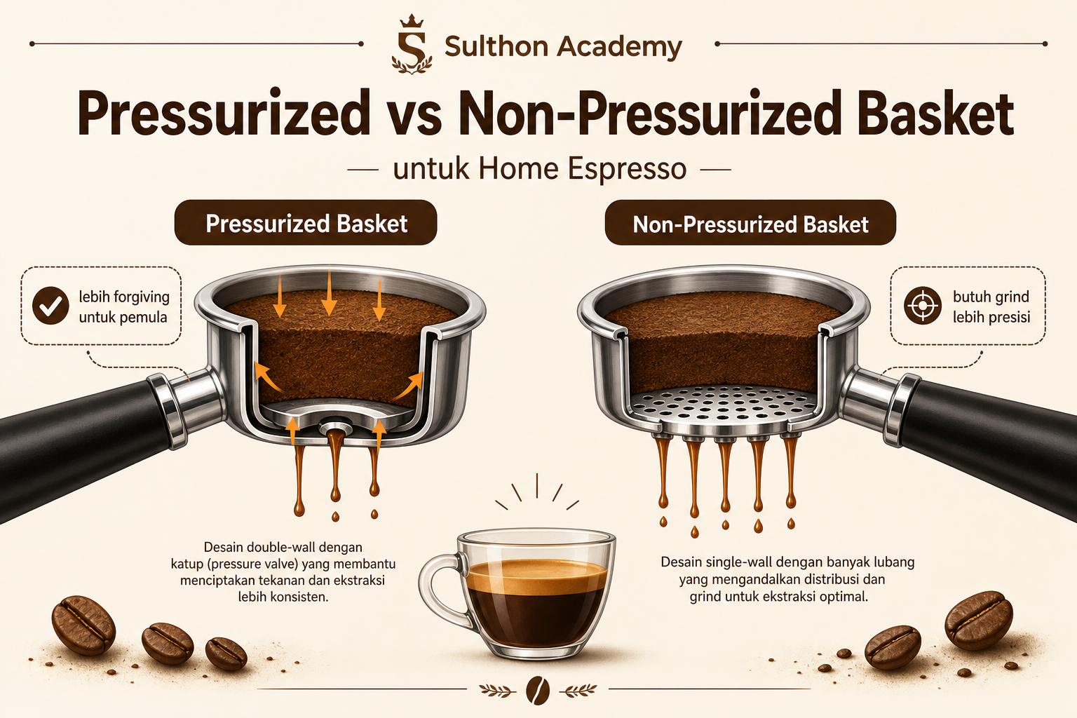 Perbandingan pressurized basket dan non-pressurized basket untuk espresso rumahan.