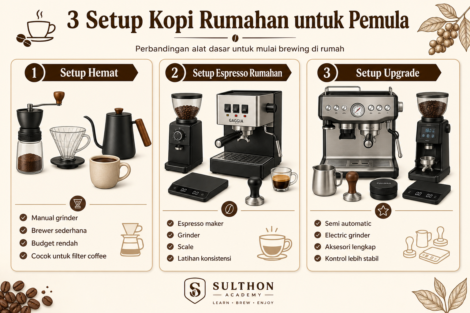 Contoh tiga setup kopi rumahan: setup hemat, setup espresso rumahan, dan setup upgrade.