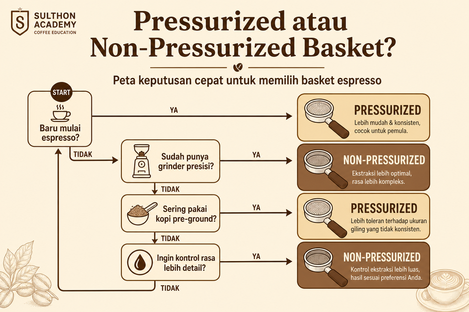 Decision map sederhana untuk memilih pressurized atau non-pressurized basket sesuai kebutuhan.