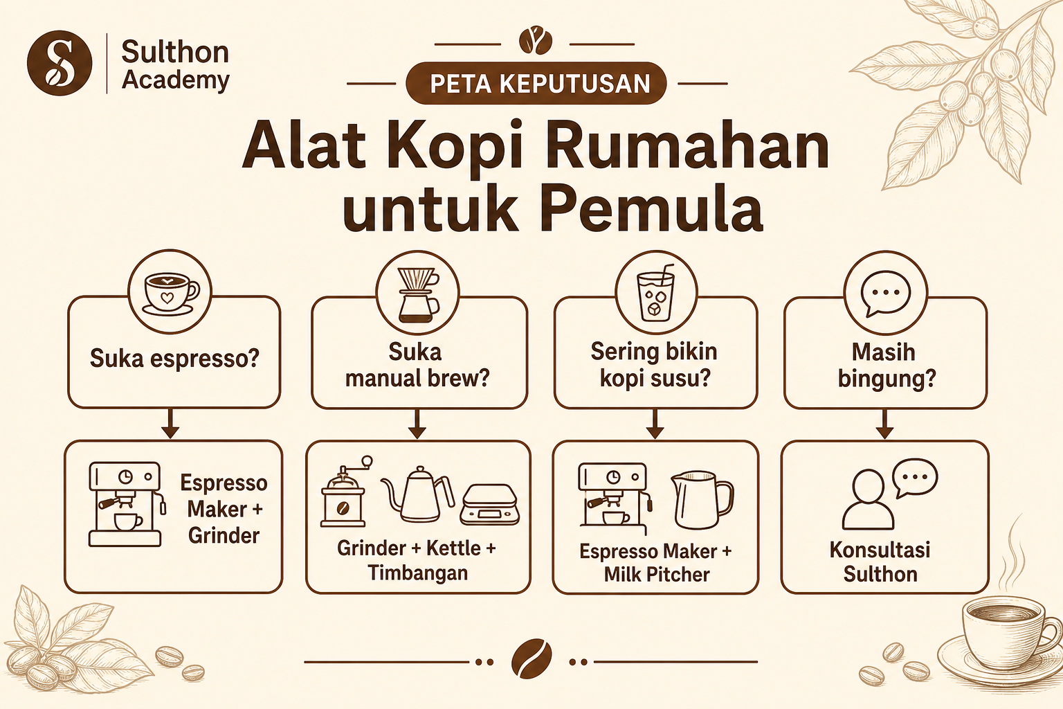 Decision map sederhana untuk memilih alat kopi rumahan sesuai minuman favorit dan kebutuhan pemula.