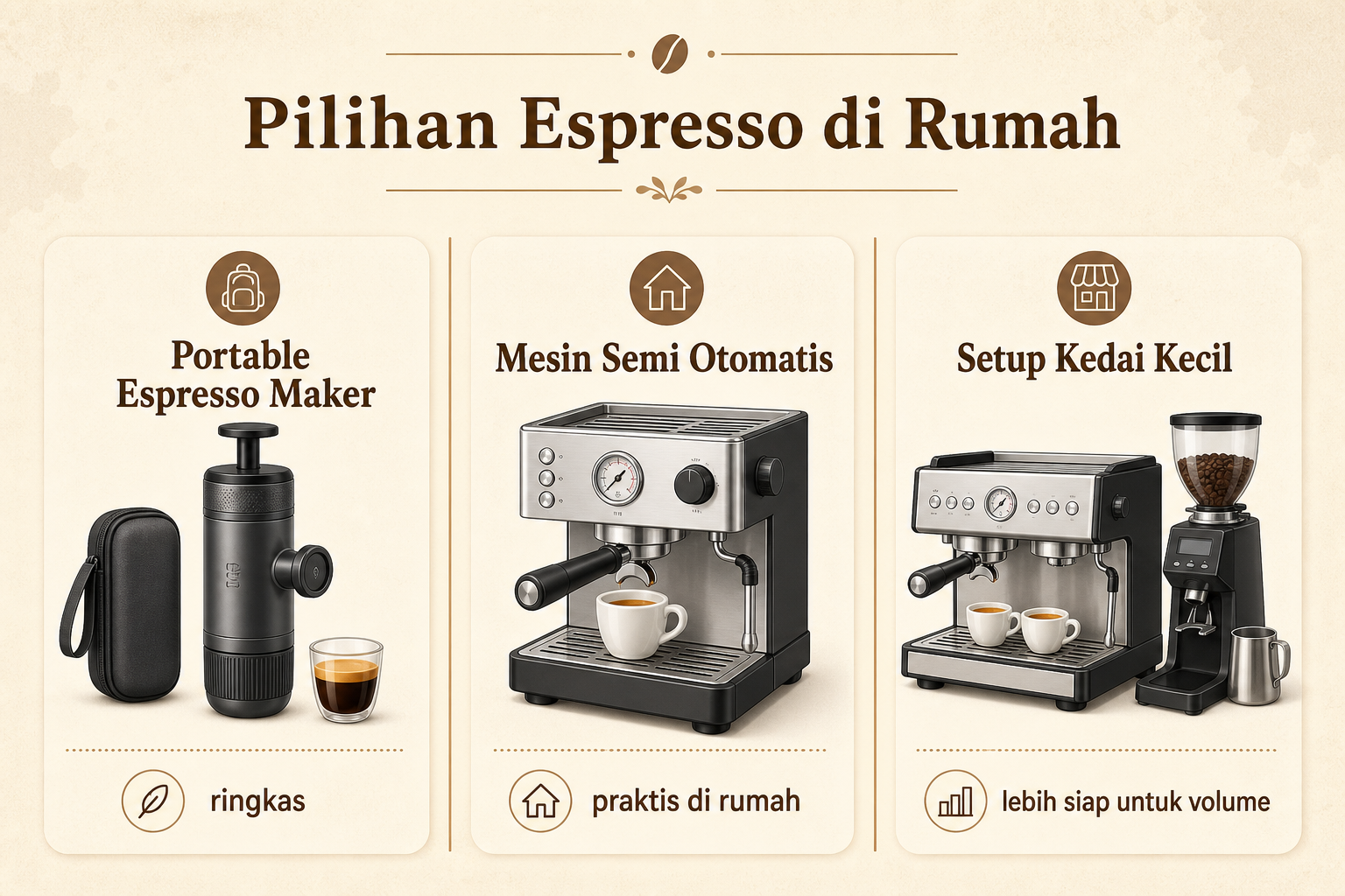 Pilihan alat espresso rumahan: portable espresso maker, mesin semi otomatis, dan setup untuk kedai kecil.