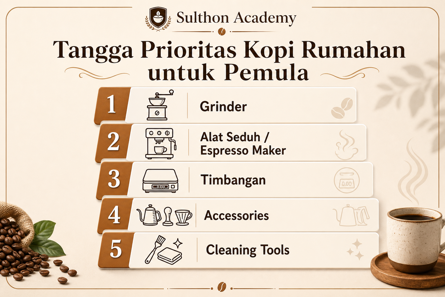Urutan prioritas alat kopi rumahan untuk pemula agar tidak perlu membeli semuanya sekaligus.