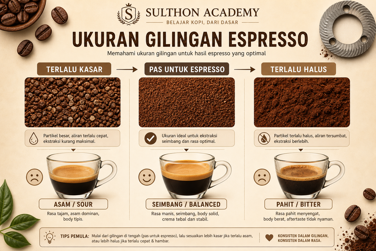 Diagram sederhana ukuran gilingan espresso: terlalu kasar, pas, dan terlalu halus.