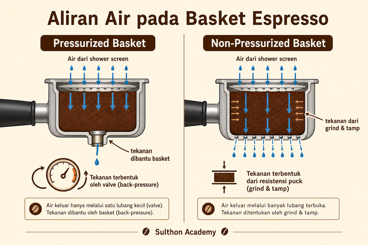 Cara kerja tekanan pada pressurized basket dan non-pressurized basket saat ekstraksi espresso.
