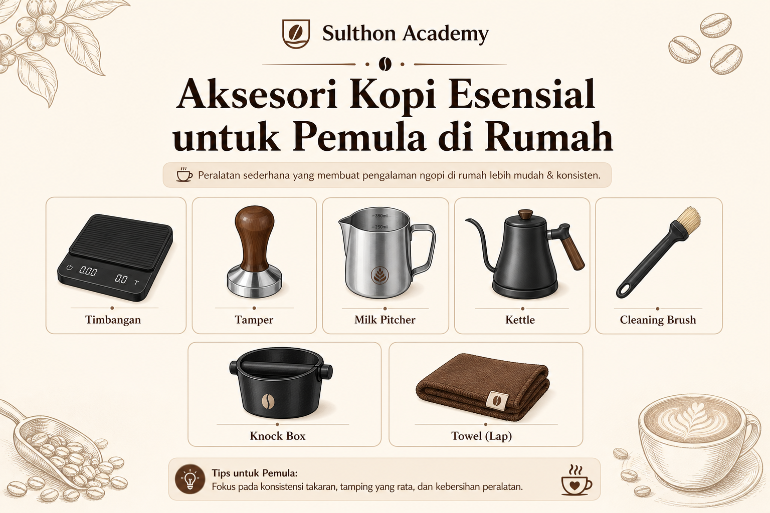 Aksesoris kopi rumahan yang sering berguna untuk pemula: timbangan, tamper, pitcher, kettle, dan cleaning tools.