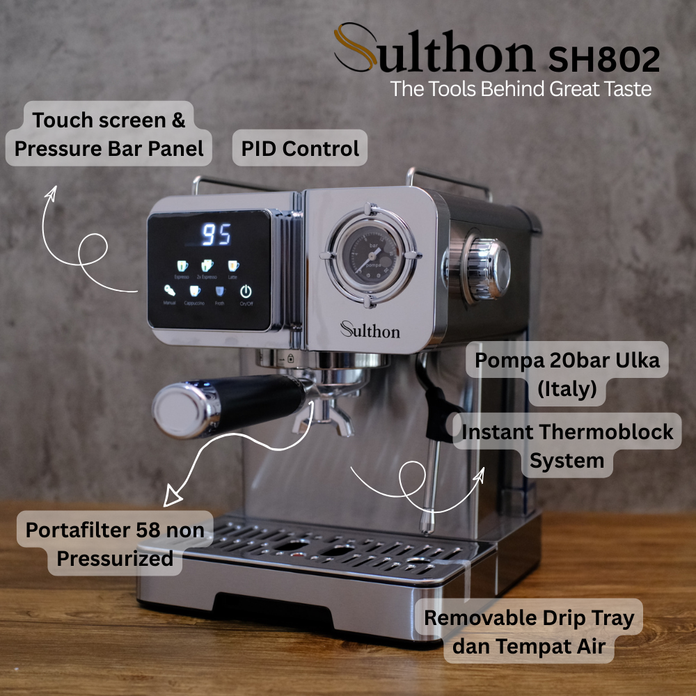 Sulthon SH802 Home Espresso Machine Vintage Semi Auto | 20 Bar Ulka Italy | PID Control | Instant Boiler | Portafilter 58mm